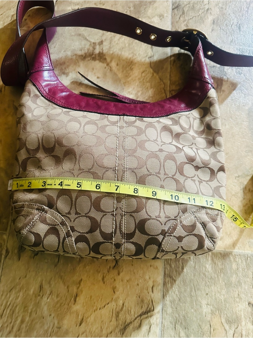 Coach Brown Signature Canvas Shoulder Bag with Burgundy Leather Trim - Picture 12 of 15